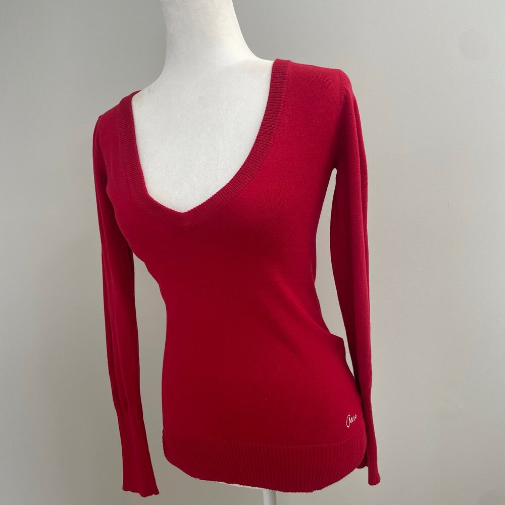 Aeropostale Red V-Neck Sweater Size S/P Y2K-Preppy Fitted Long Sleeve Knit